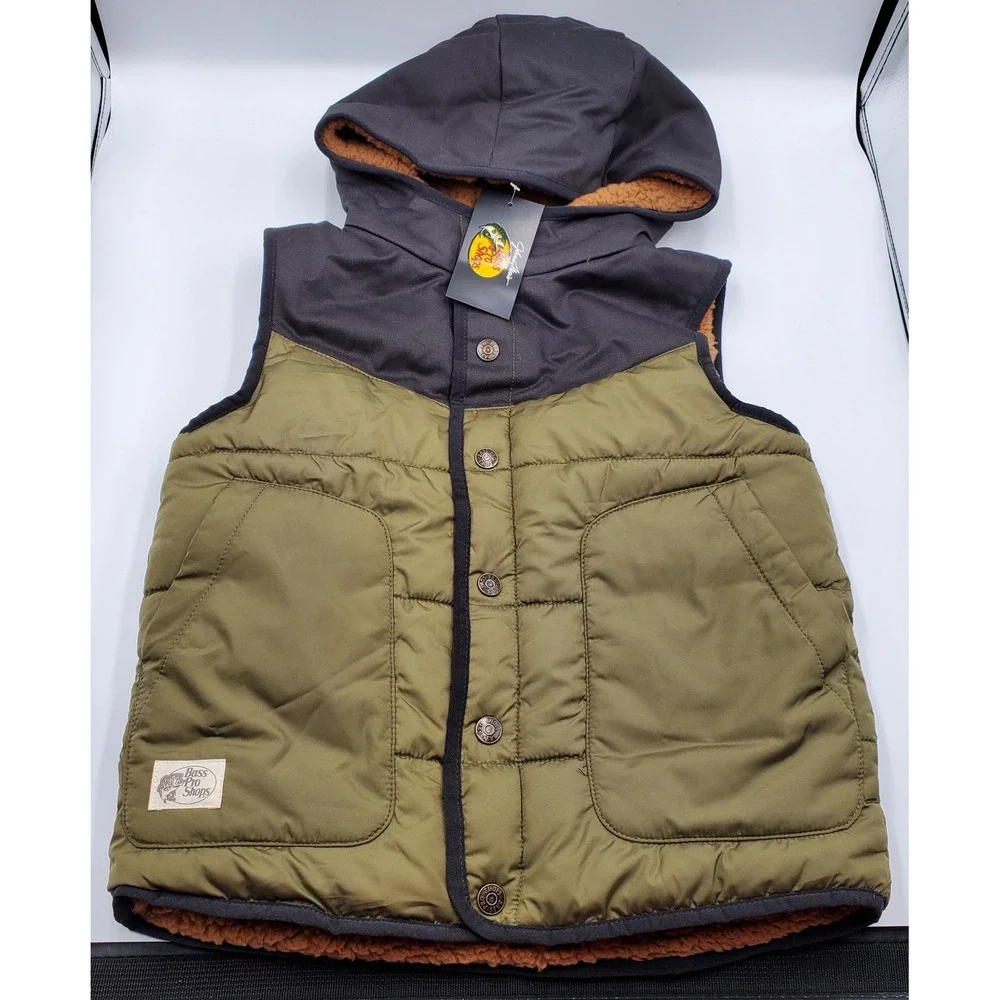 Bass Pro Shops Youth Unisex Vest Burnt Olive Hooded Sherpa Lined Size M